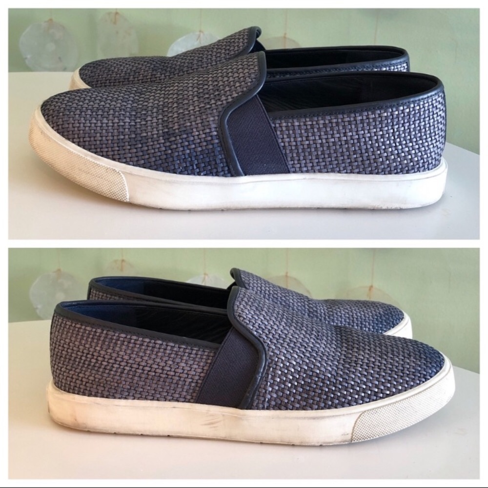 Vince Navy Preston Leather Woven Slip On Sneakers - Picture 3 of 6